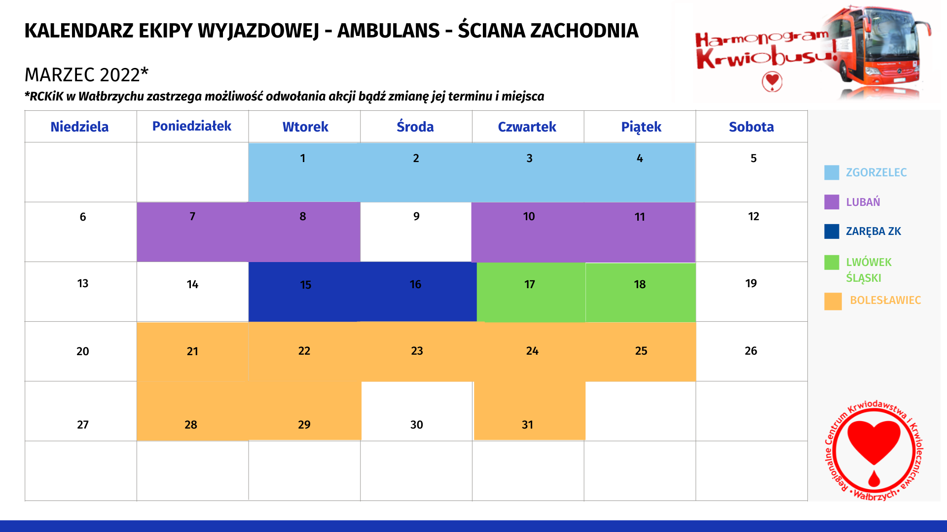 Kalendarz ekipy wyjazdowej Ambulans